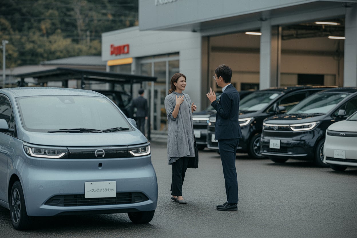 Concession et service après-vente au Japon, clients évaluant une petite voiture électrique