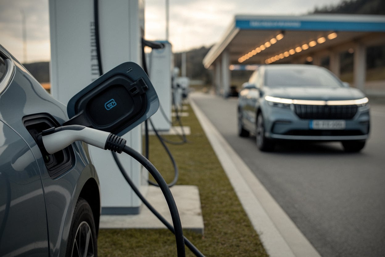 Connecteur de recharge ultra-rapide sur voiture électrique, station moderne en arrière-plan
