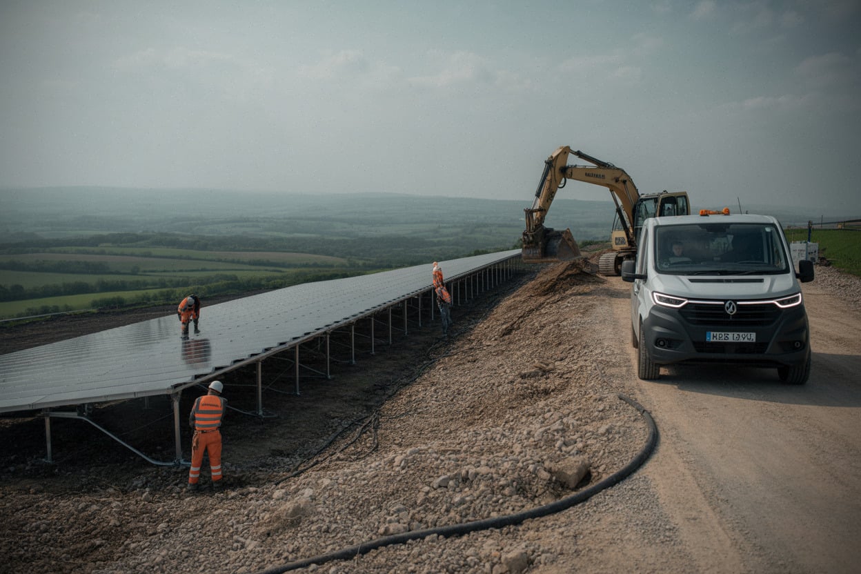 Chantier de centrale photovoltaïque au sol sur site reconverti en Sarthe