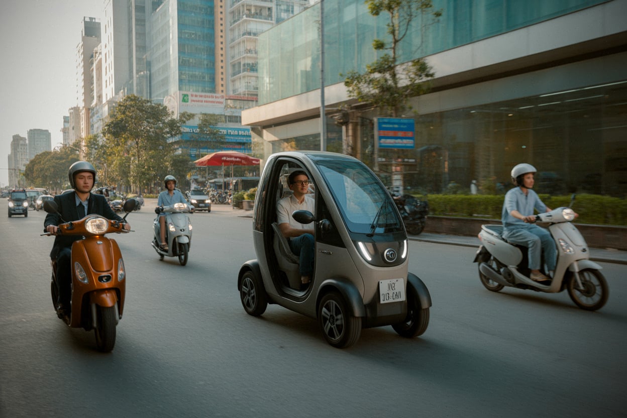 Petite voiture électrique en circulation urbaine au Vietnam en 2026