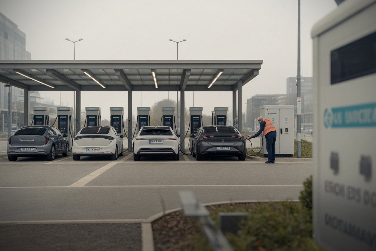 Station de recharge avec dix points, voitures électriques et technicien sur site