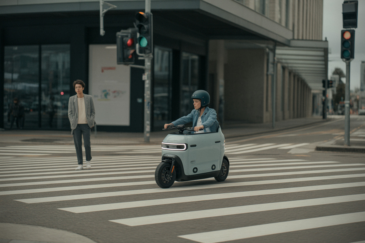 Mini-véhicule électrique en approche d’un passage piéton, contexte sécurité