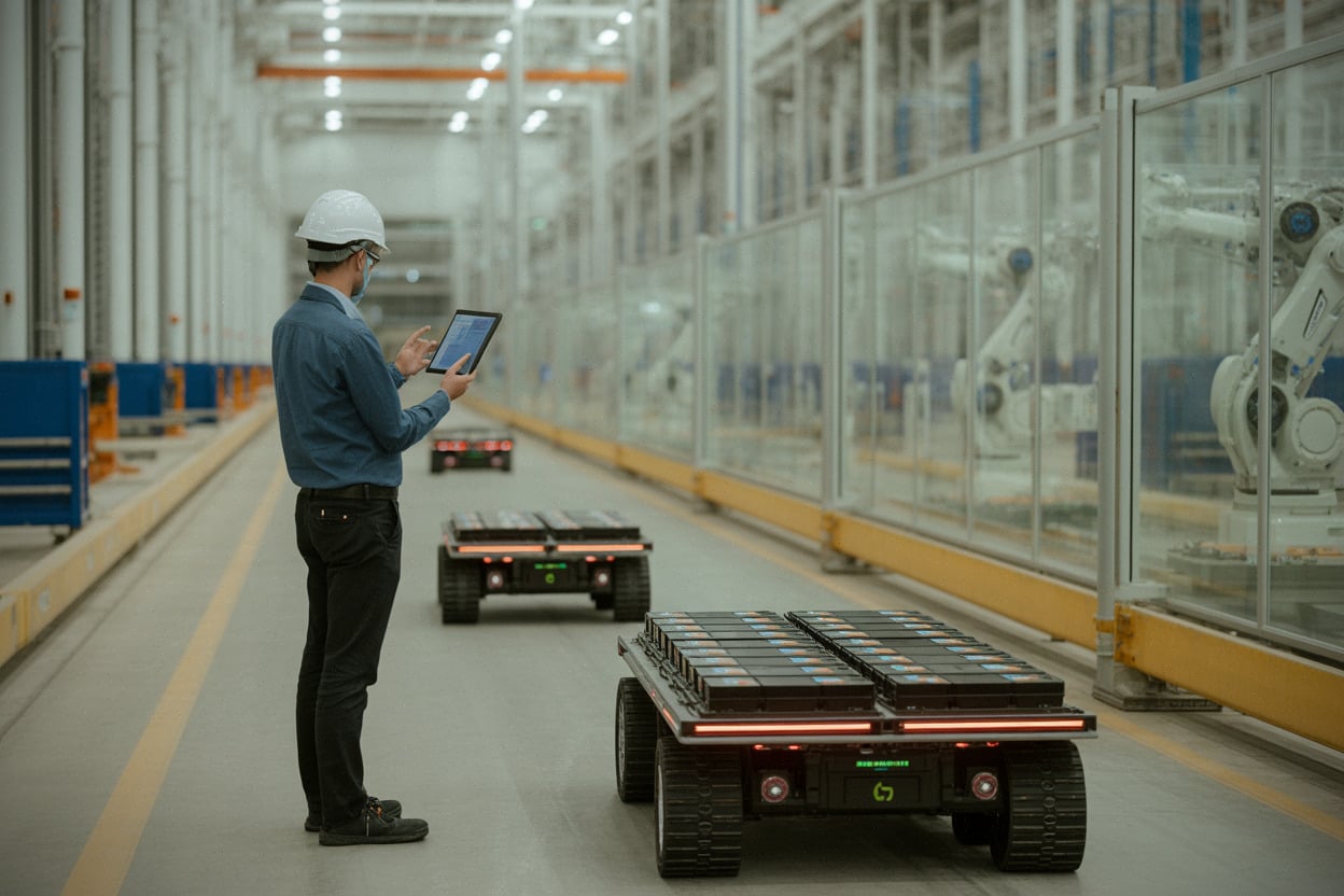 Ingénieur contrôlant une ligne de production de batteries solides en usine.