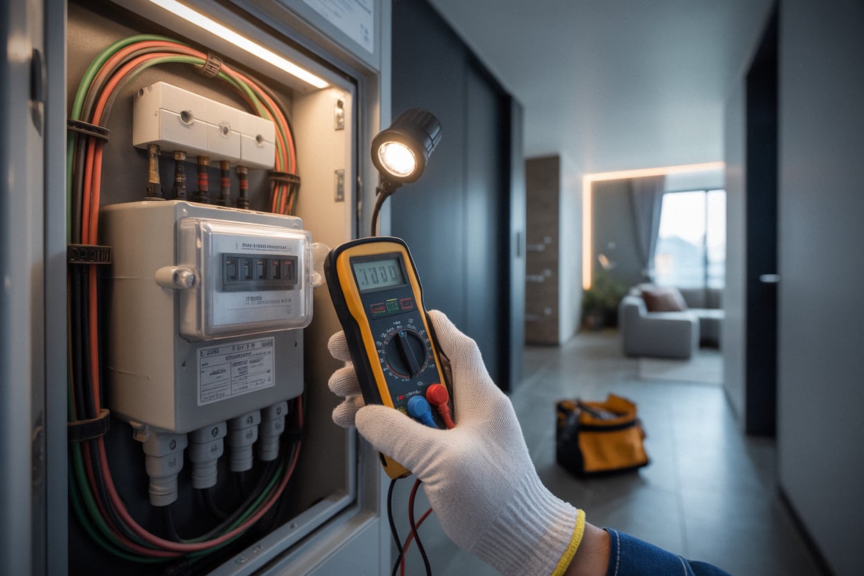 Contrôle d’un compteur Linky par un technicien, câblage vérifié