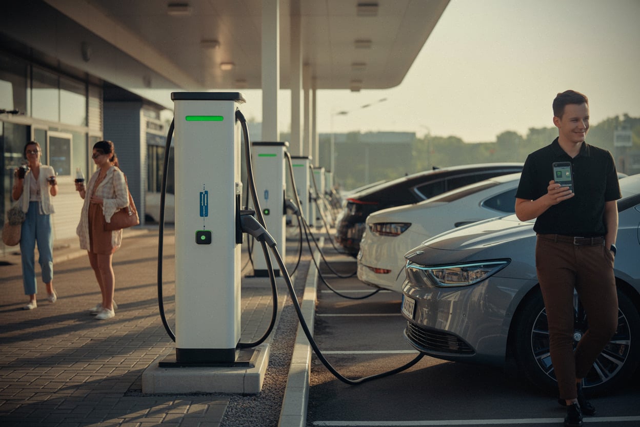 Recharge rapide sur aire d’autoroute, file maîtrisée et planification sur smartphone