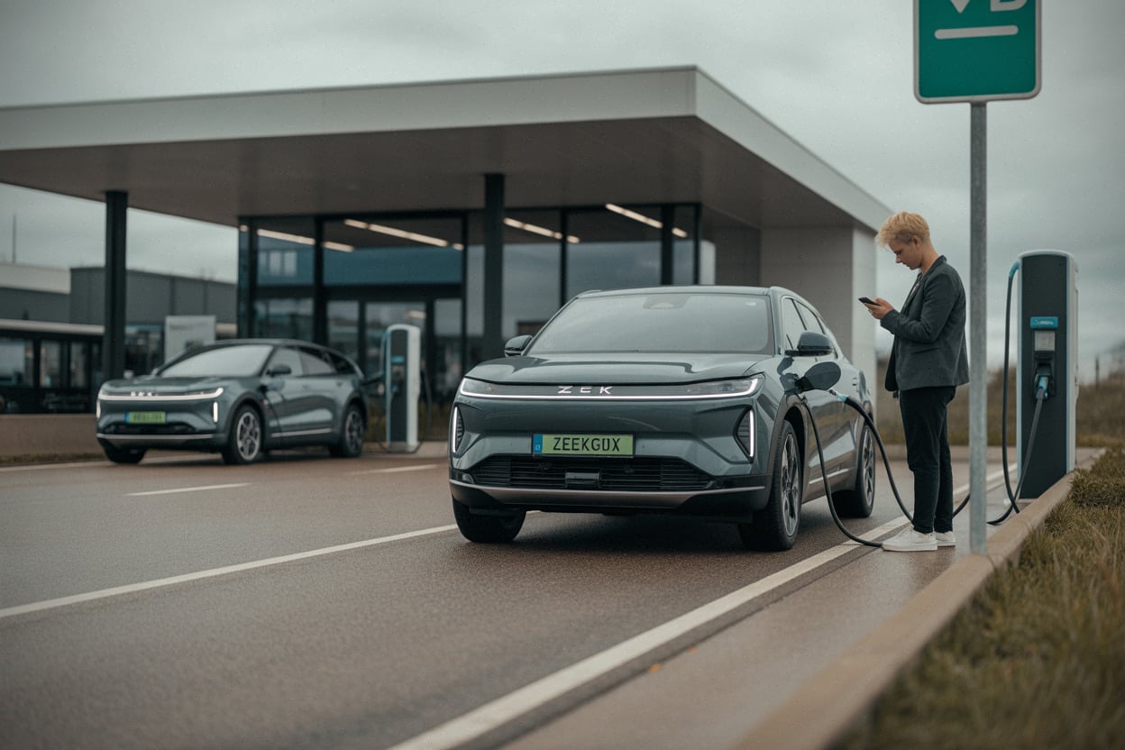 Zeekr X en recharge rapide sur aire d’autoroute, scène réaliste 2026