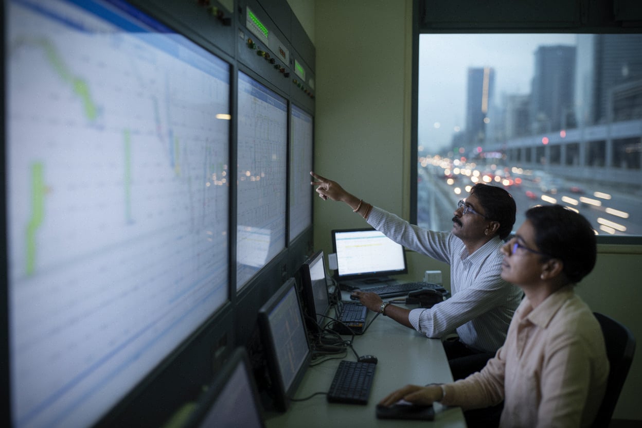 Centre de dispatch électrique en Inde lors d’une pointe de consommation nocturne
