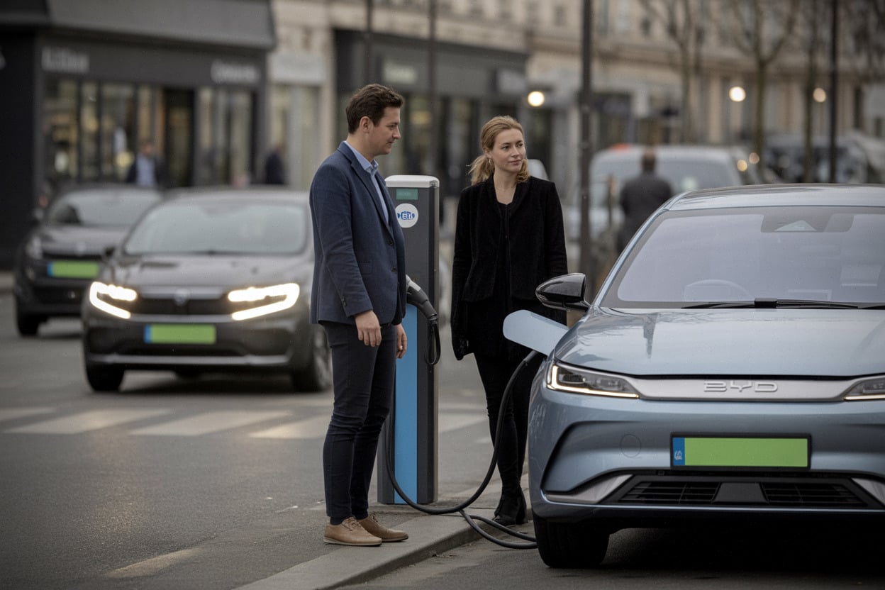 Essai d’une voiture électrique BYD à Paris avec borne de recharge