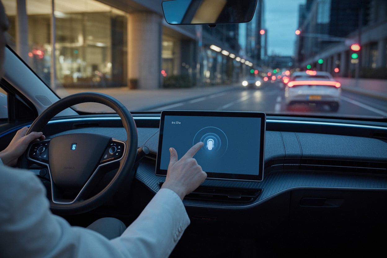 Habitacle connecté de voiture électrique, écran central et fonctions logicielles avancées