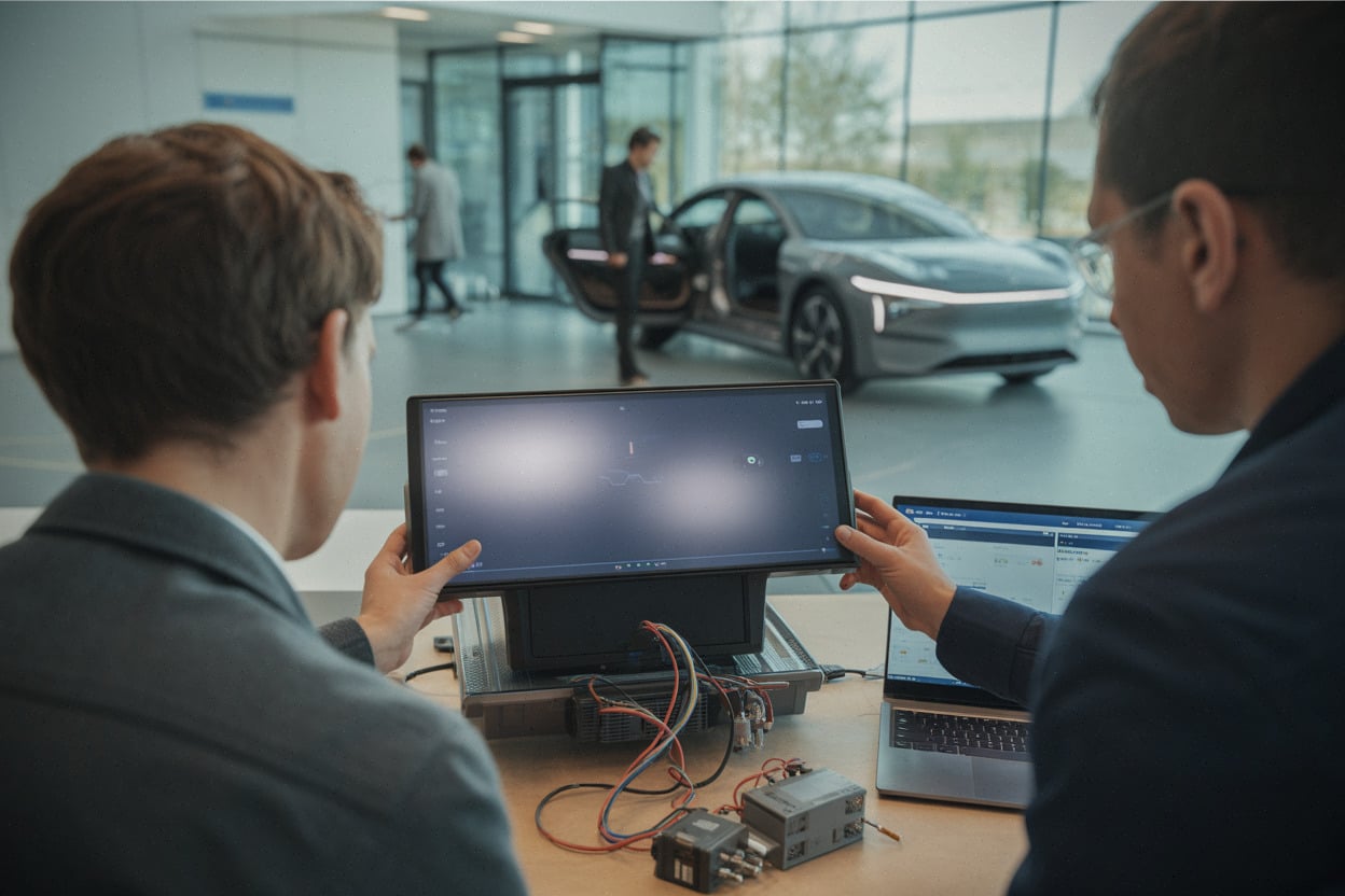 Ingénieurs testant logiciel embarqué et batterie pour Porsche et Xpeng