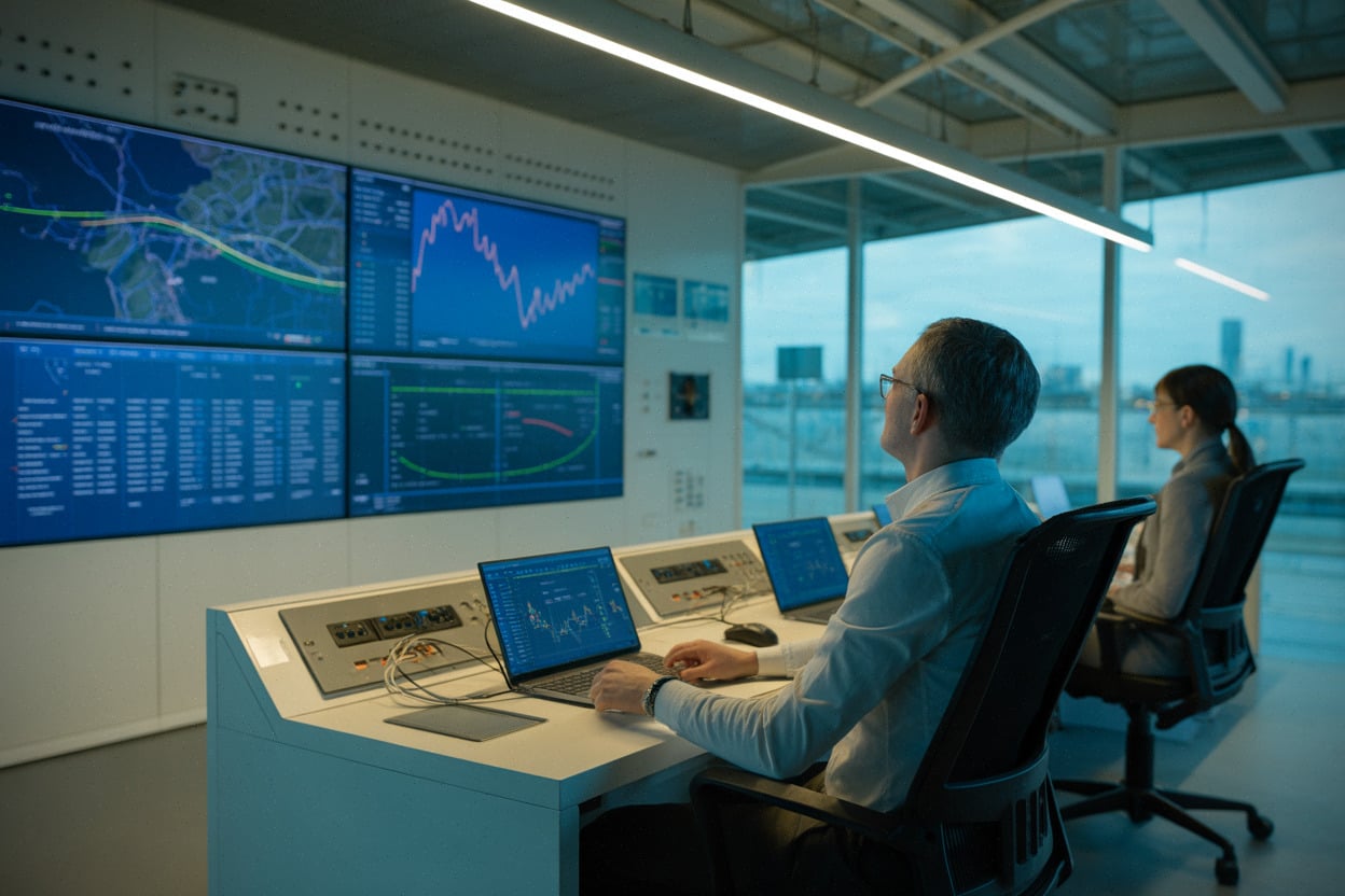 Salle de contrôle électrique avec opérateurs surveillant l’équilibre du réseau