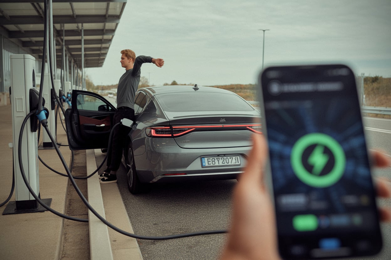 Recharge rapide d’une berline électrique sur aire d’autoroute lors d’un long trajet