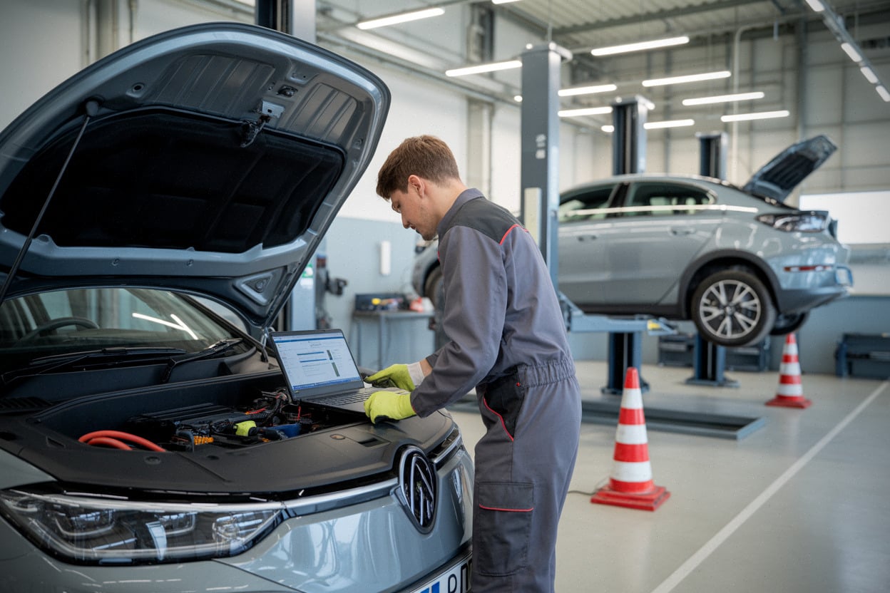 Atelier automobile, diagnostic haute tension sur véhicule électrique récent