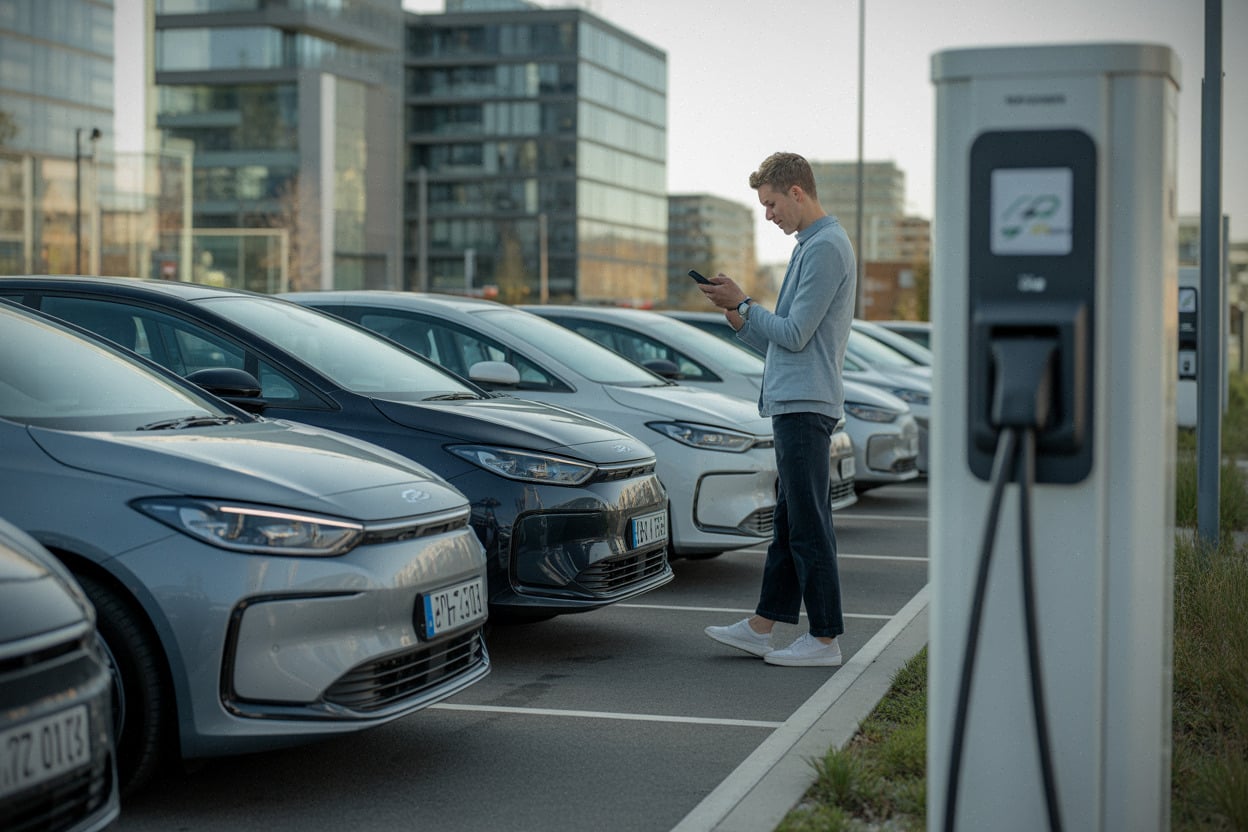 Parc de voitures électriques d’occasion et borne de recharge en ville
