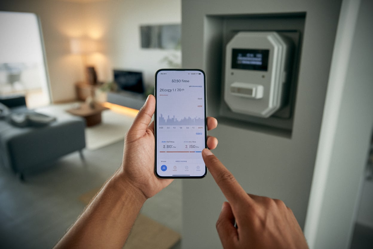 Créneau rouge électricité consulté sur smartphone dans un salon moderne