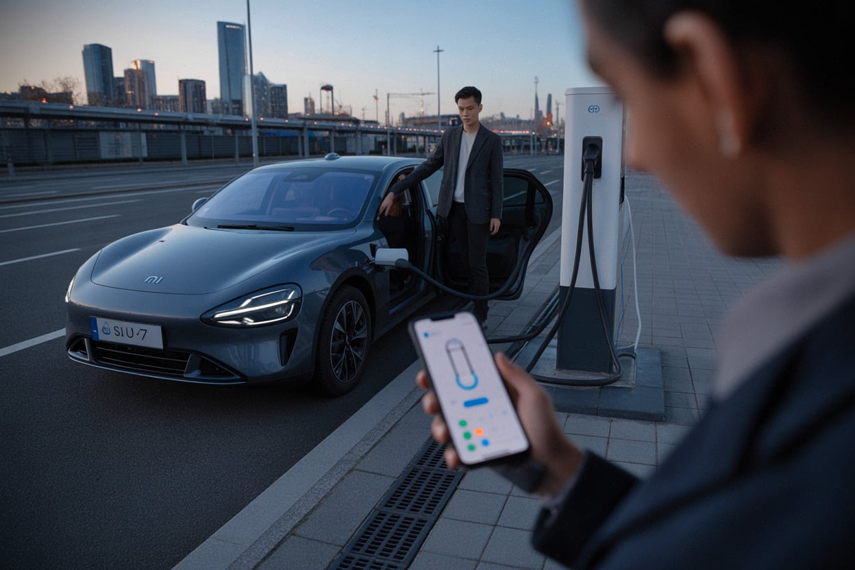 Xiaomi SU7 en recharge rapide sur hub urbain en 2026