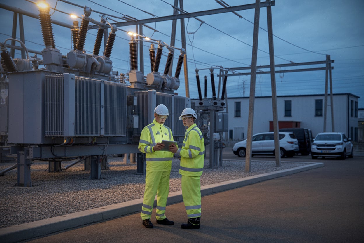 Ingénieurs réseau préparant le raccordement électrique autour de Gravelines