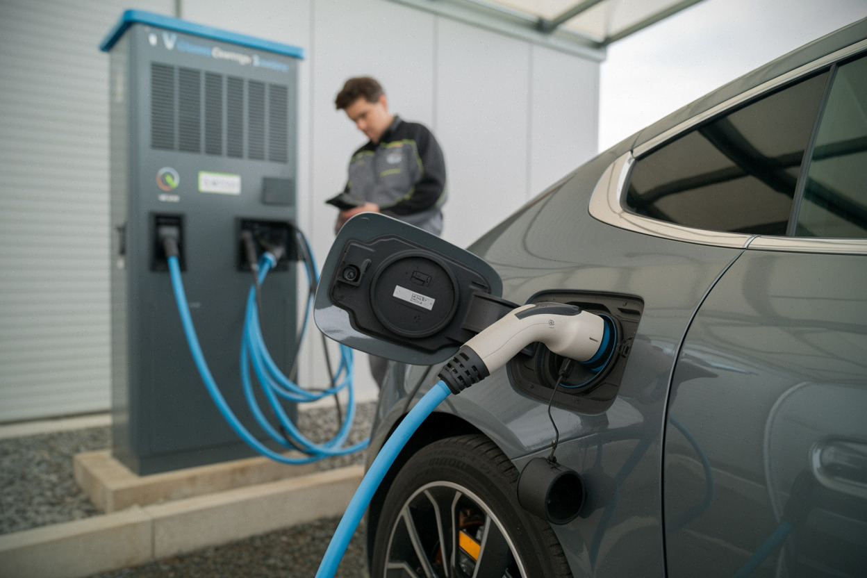 Câble refroidi et borne ultra-rapide sur aire d’autoroute moderne