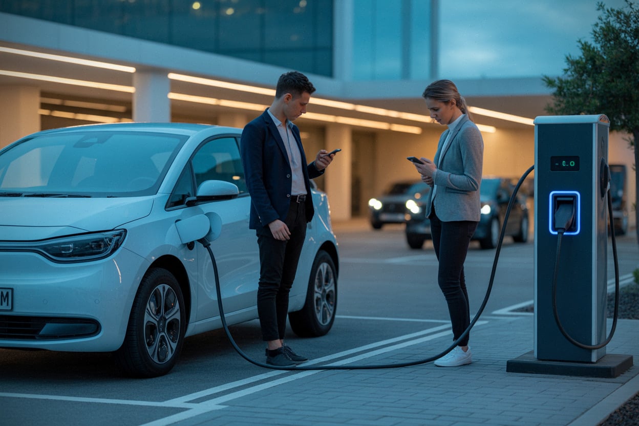 Recharge publique d’une citadine électrique, câble branché et utilisateur sur smartphone