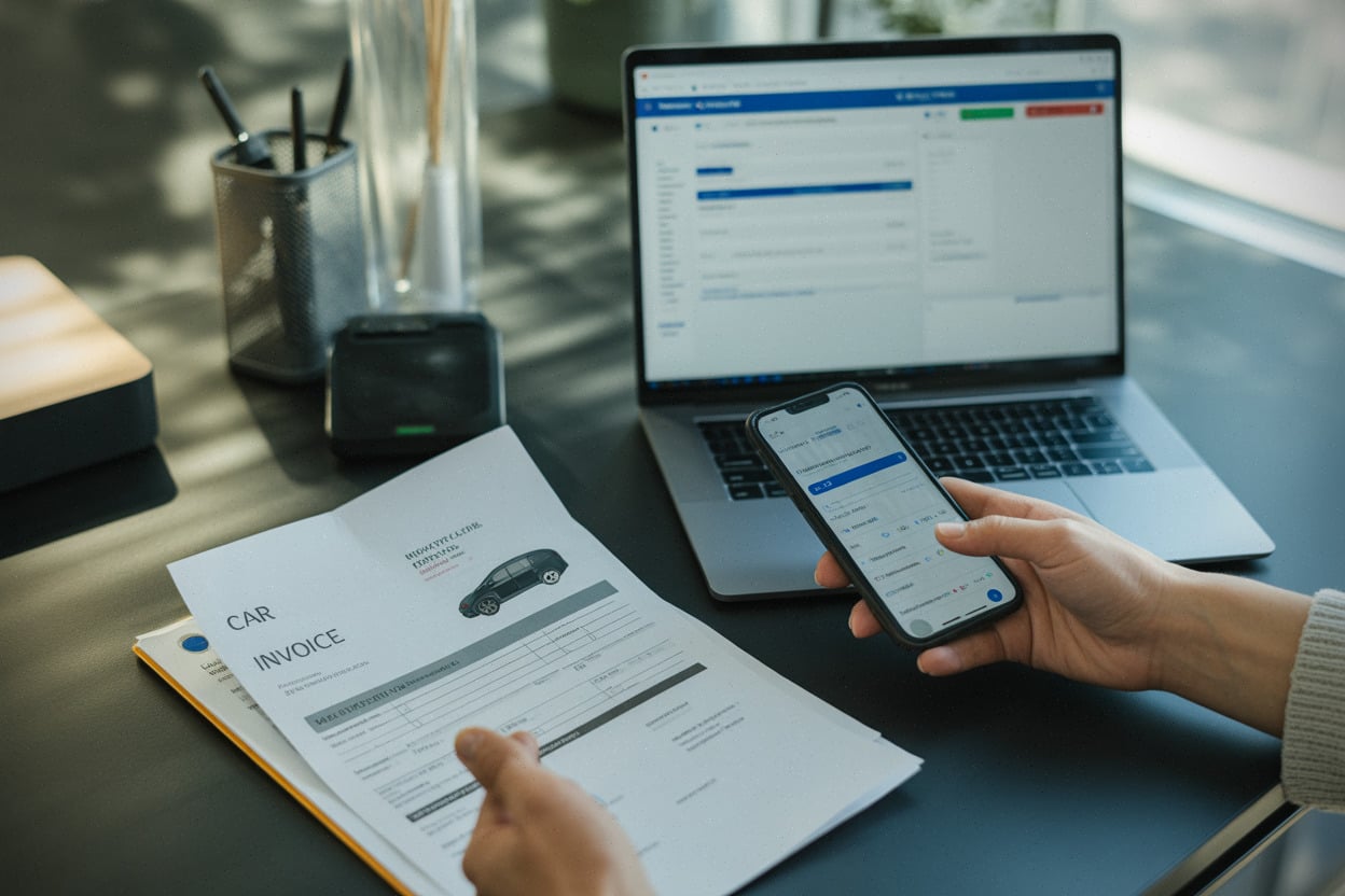 Dossier bonus avec facture et carte grise sur bureau