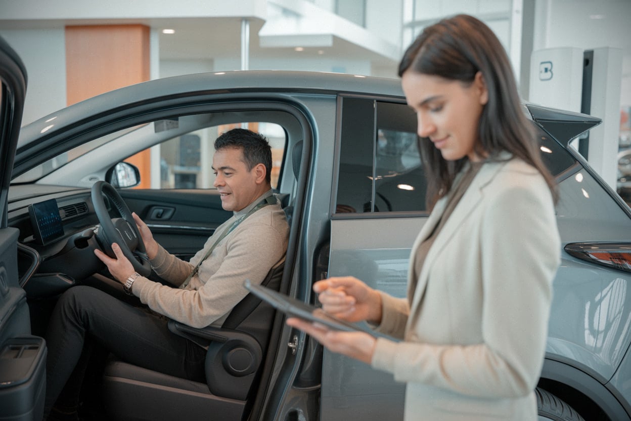 Client teste un SUV électrique, vendeur et tablette en concession moderne