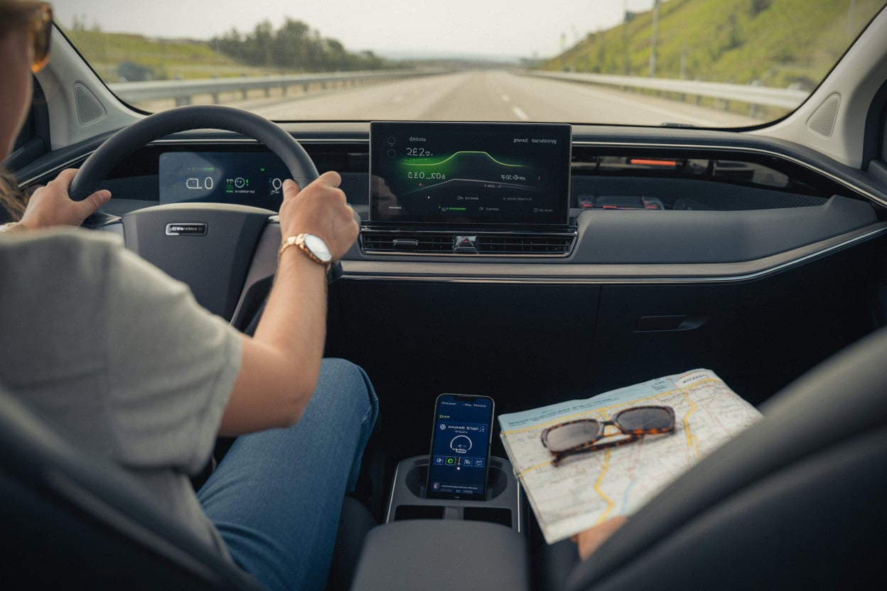 Autoroute en été, autonomie et consommation affichées sur tableau de bord électrique