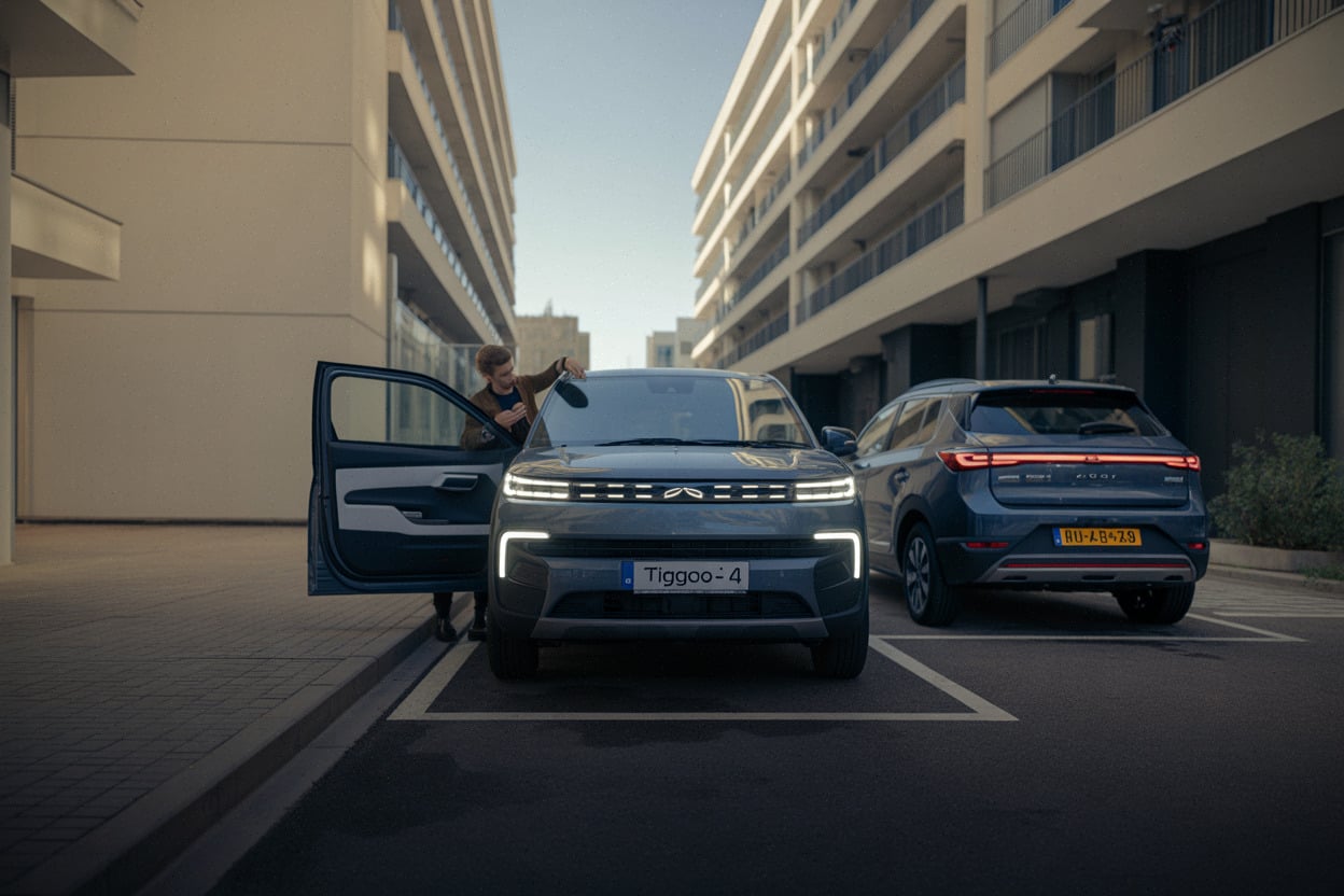 Chery Tiggo 4 garé en ville, gabarit de SUV urbain
