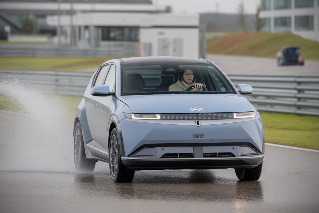 Essai d’un Hyundai électrique illustrant la traction sur piste mouillée