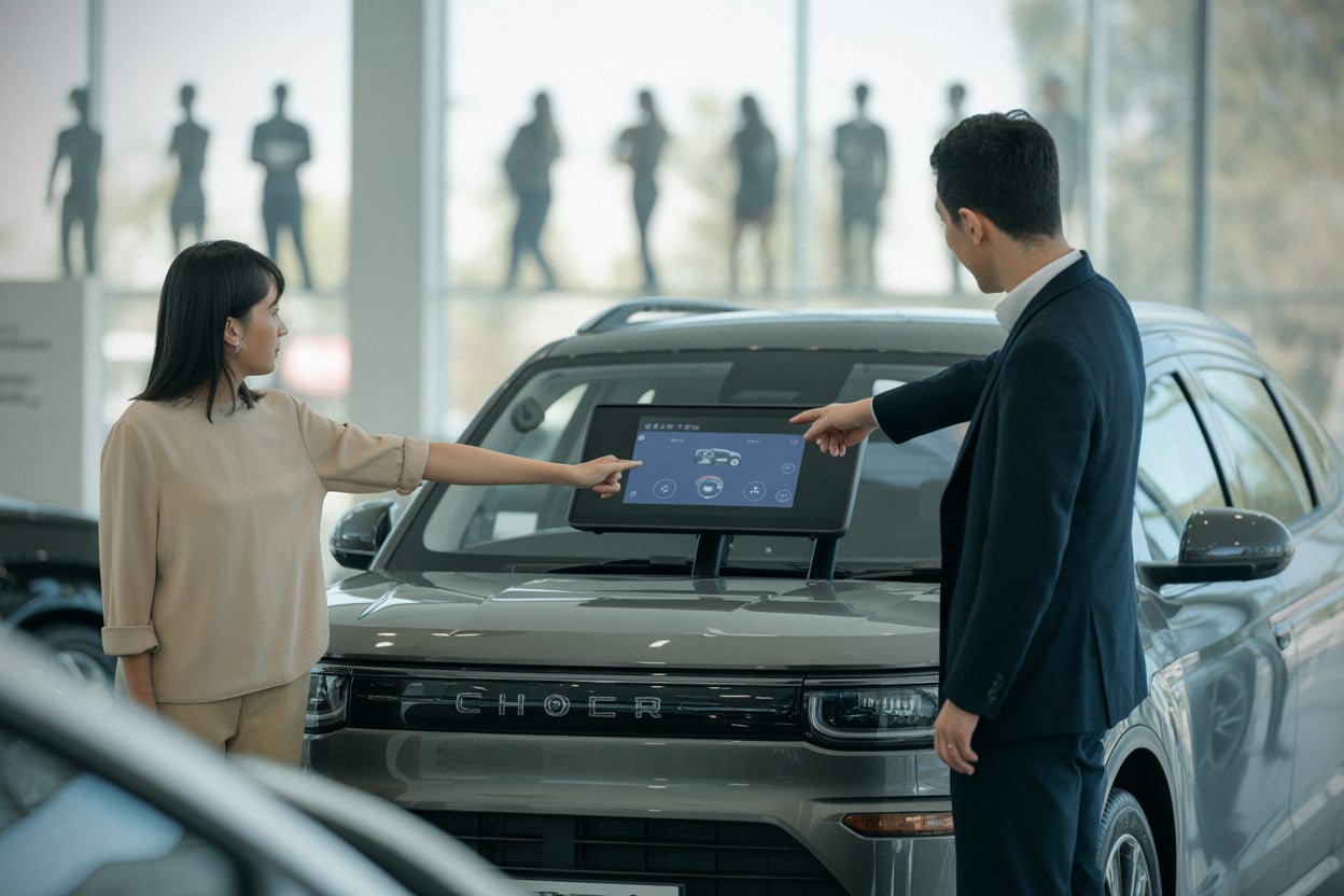 Dans une concession, comparaison d’un SUV chinois et d’offres concurrentes