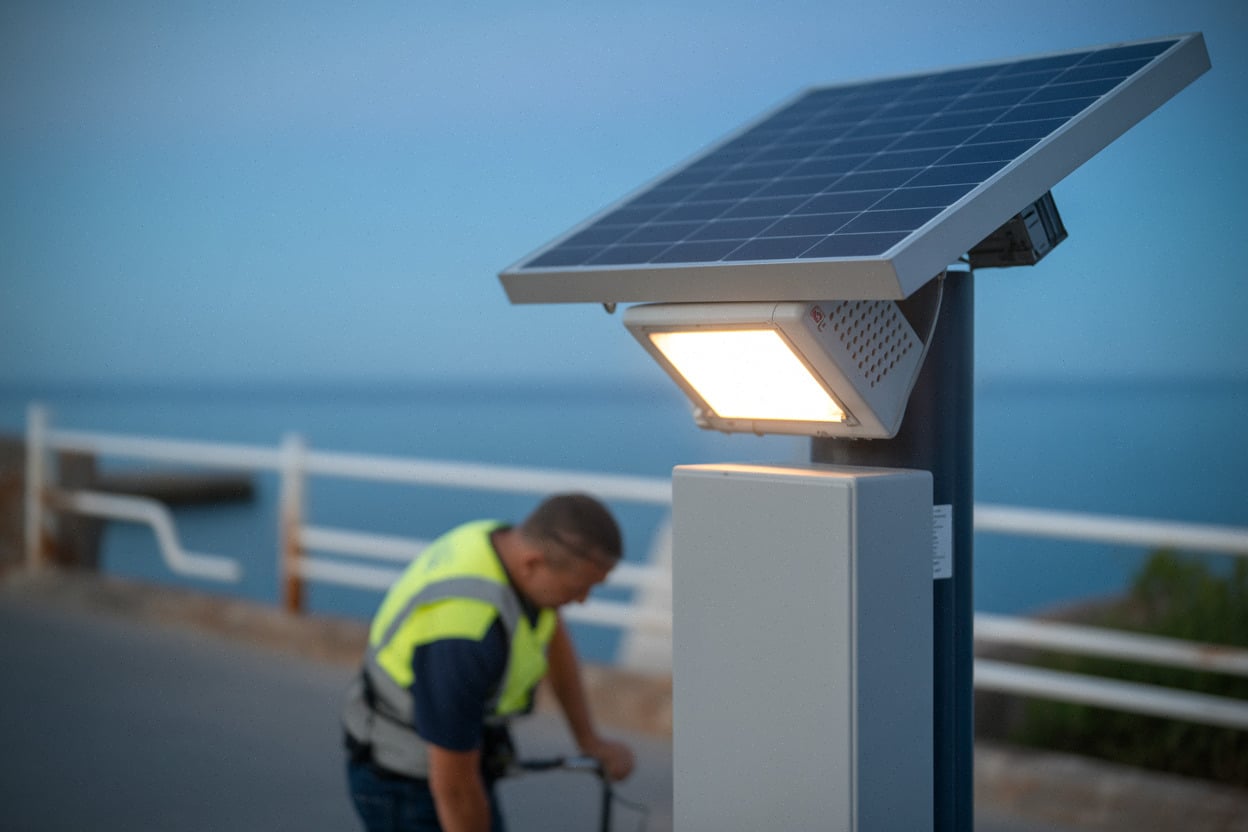 Lampadaire solaire LED installé sur la corniche supérieure d’Oran au crépuscule