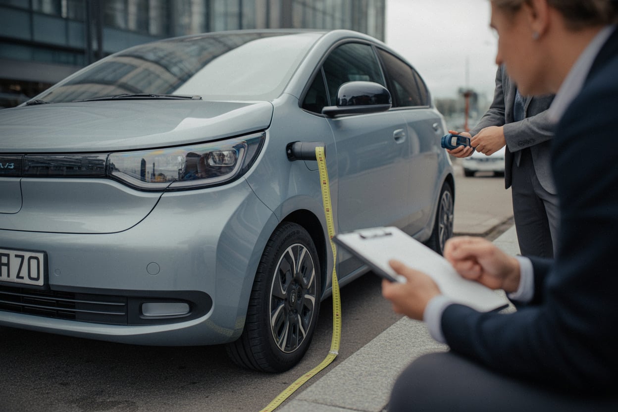 Citadine électrique compacte mesurée en ville, gabarit 3,88 m