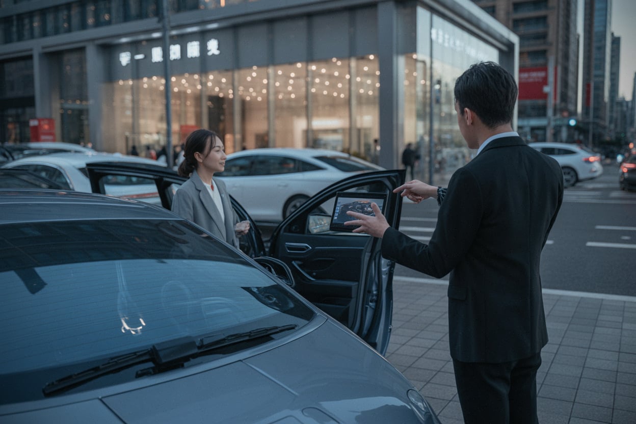 Client Porsche en Chine comparant équipements numériques et motorisation, devant un showroom