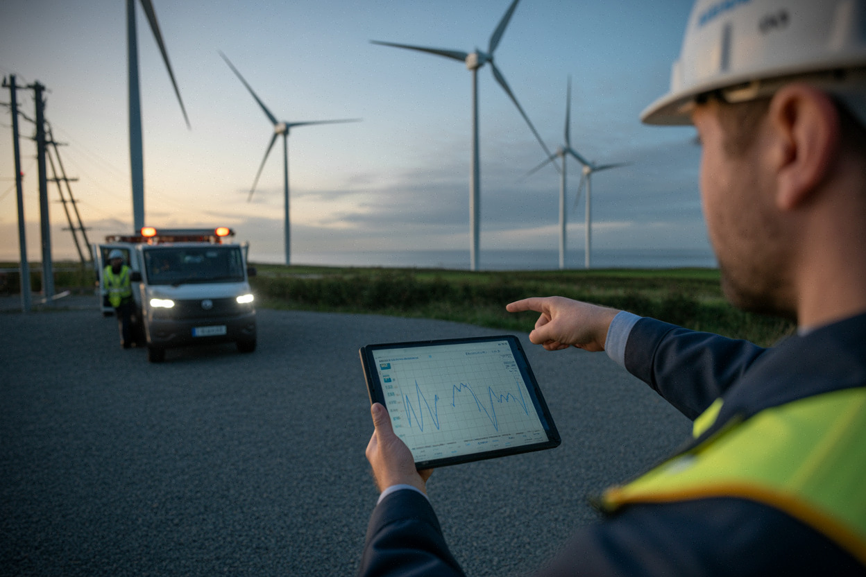 Éoliennes et poste électrique en Irlande, enjeu de production pilotable