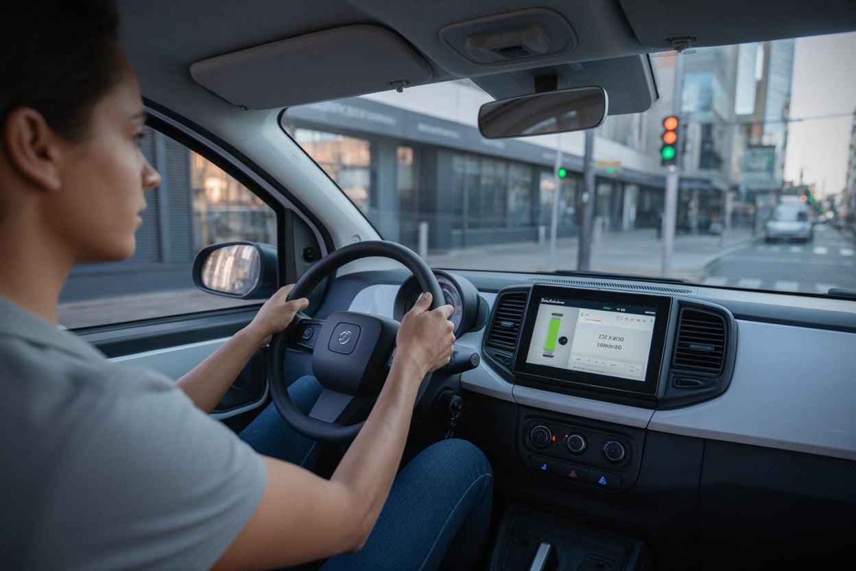 Habitacle d’une citadine électrique BYD, écran central et conduite urbaine au Japon