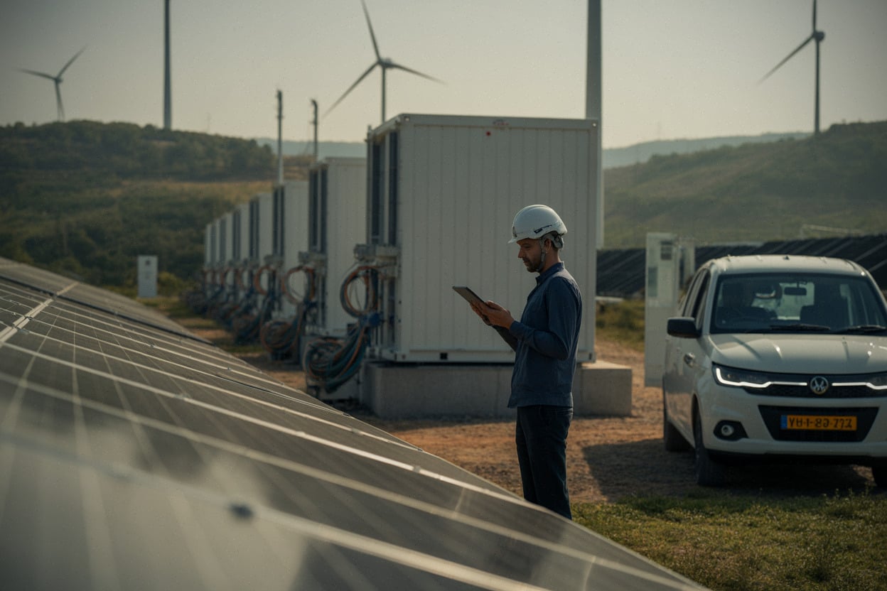 Parc hybride solaire-éolien avec batteries en Inde, technicien sur site