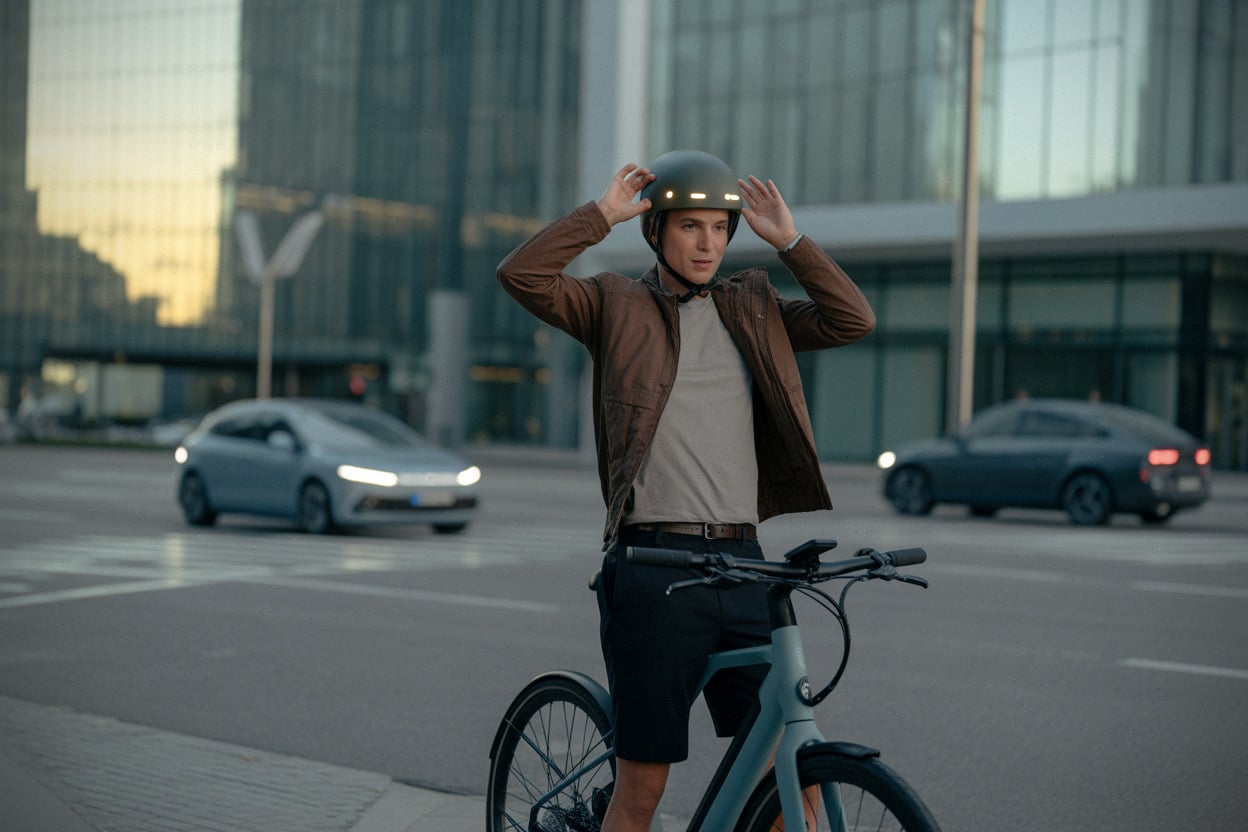 Cycliste portant un casque connecté avec alertes lumineuses en ville