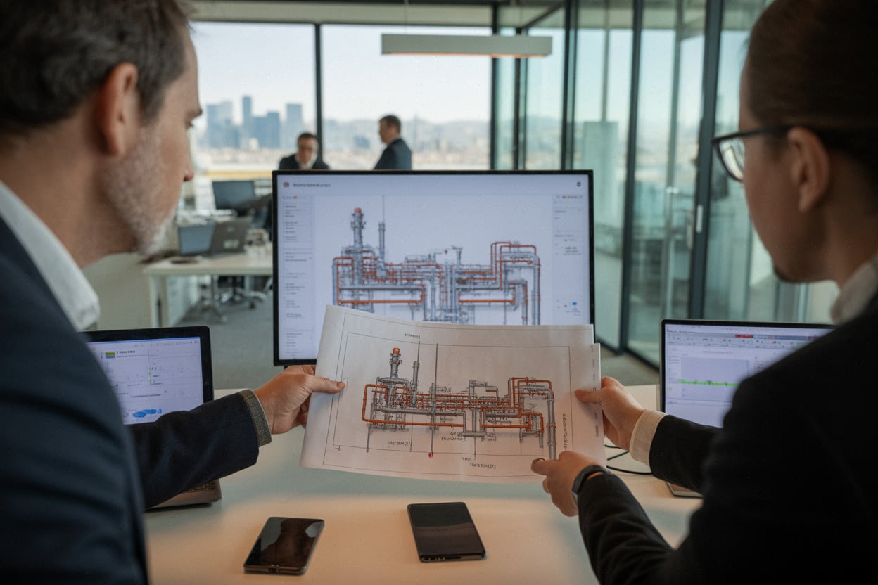 Ingénieurs comparant plans et maquette SMR dans un bureau moderne
