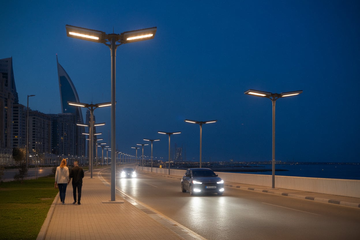 Promenade nocturne éclairée par LED solaires sur la corniche d’Oran