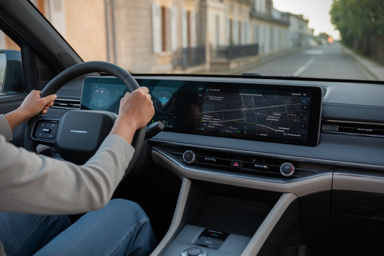 Habitacle SUV électrifié en essai routier, écrans et commandes modernes
