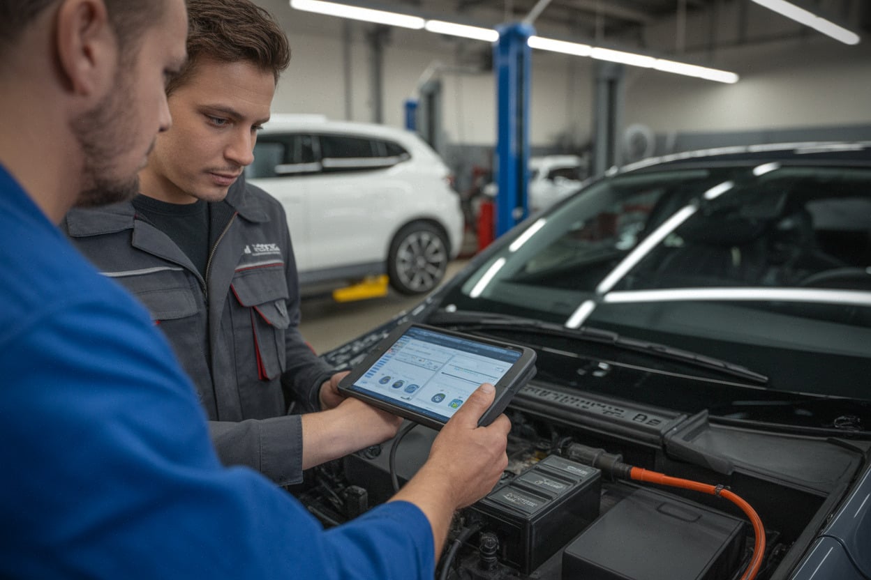 Diagnostic batterie sur voiture électrique d’occasion en atelier