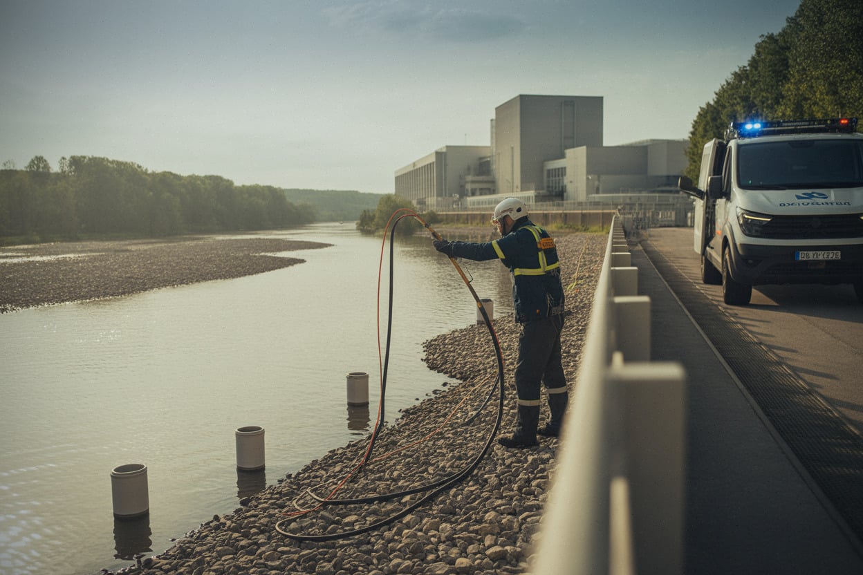 Technicien mesure la température d’un fleuve près d’une centrale nucléaire