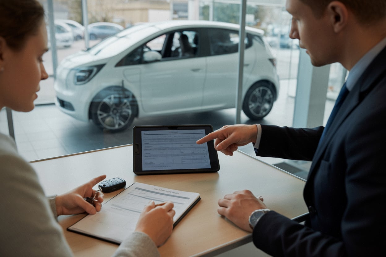 Conseiller et acheteur vérifient les critères de prime pour une électrique d’occasion
