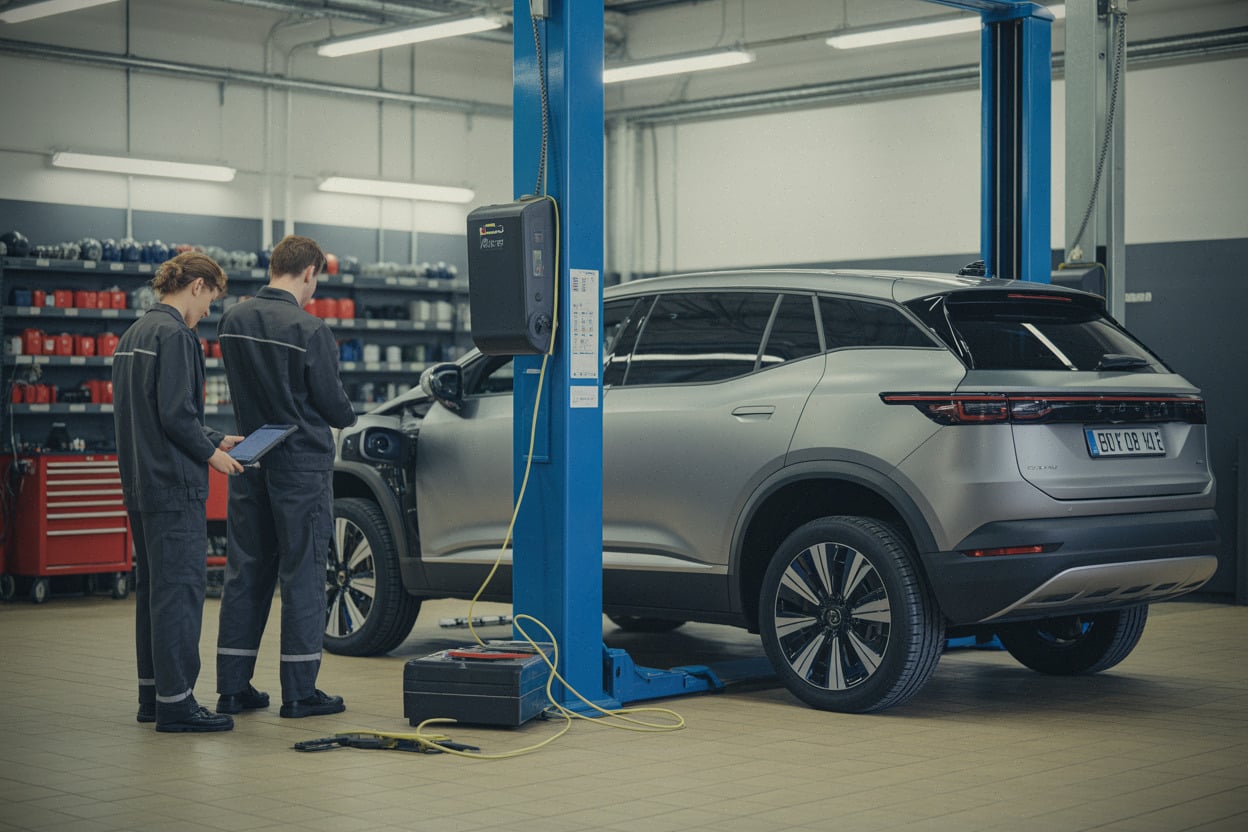 Atelier SAV automobile moderne, techniciens et diagnostic sur SUV électrique