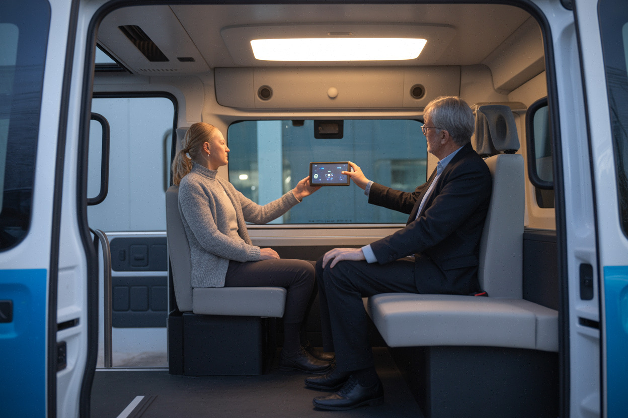 Intérieur du Waymo Ojai, écrans passagers et accès bas