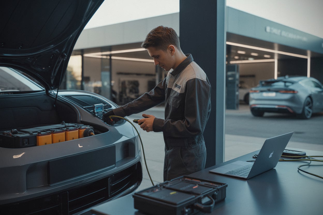 Entretien et diagnostic d’une supercar électrique Ferrari en atelier moderne
