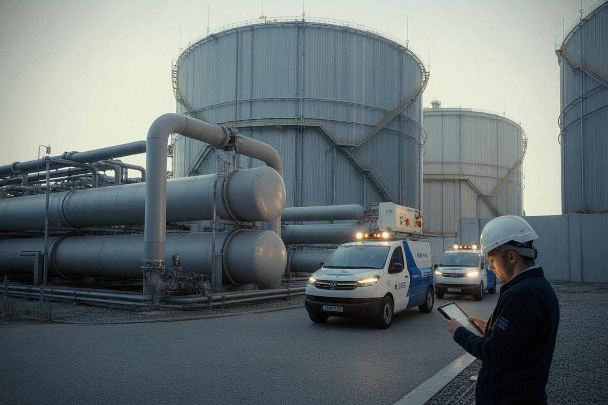 Site de stockage de gaz en Europe, ingénieur inspectant les installations