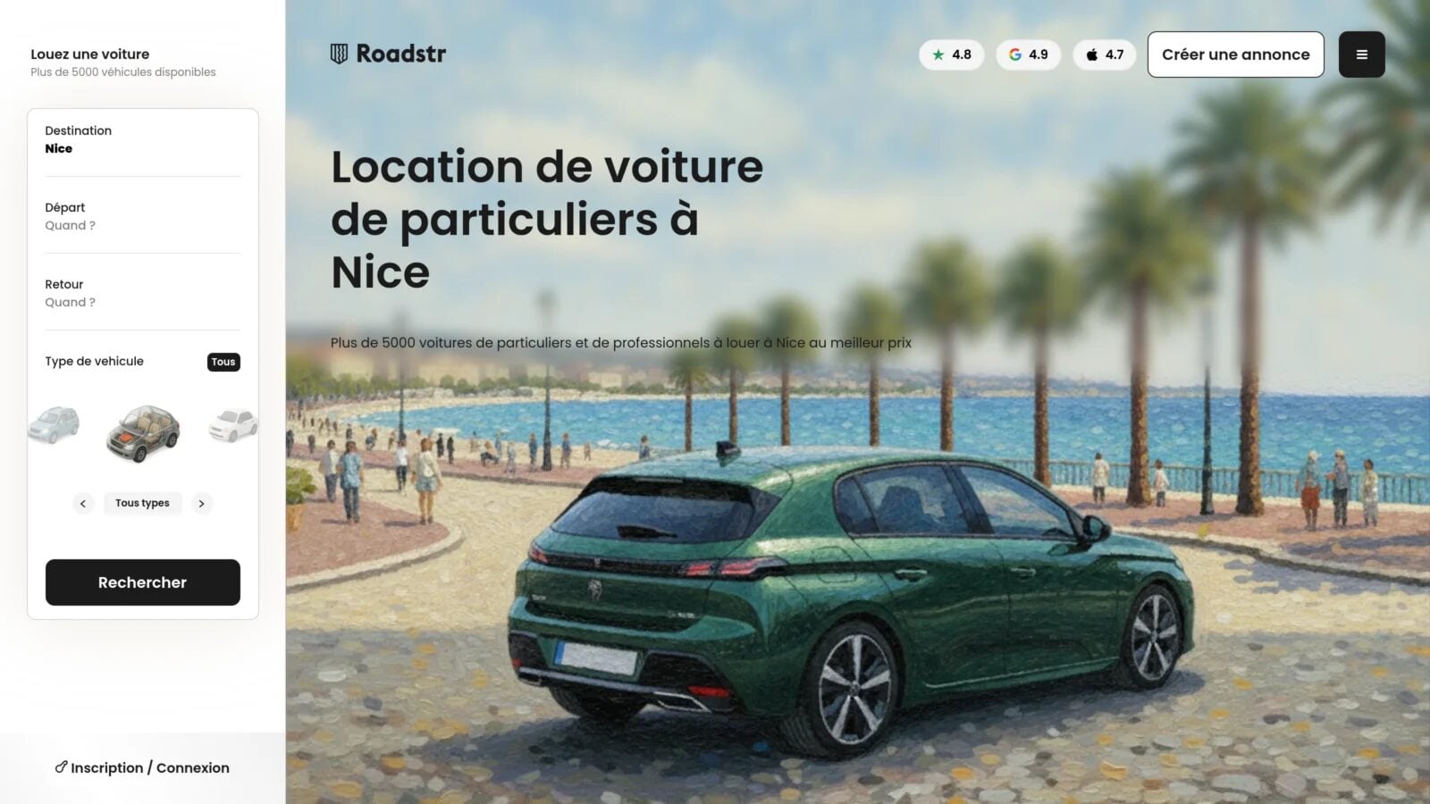 Roadstr Capture du site Roadstr, page de location de voiture entre particuliers à Nice